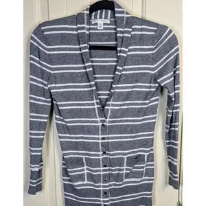 Vintage Banana Republic V-Neck Cardigan Sweater Gray White Stripe Size Petite XS